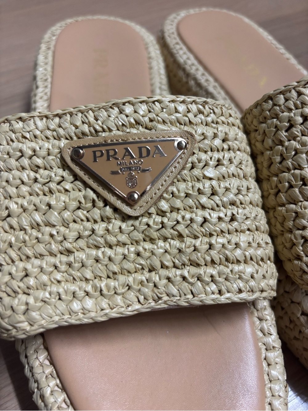 Prada Natural Raffia Slide Sandals with Triangle Logo Plaque - Picture 3 of 6